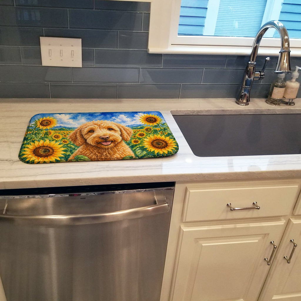 Labradoodle in Sunflowers Dish Drying Mat Absorbent Dish Drying Mat Pad for Kitchen Counter Dish Drainer Mat for Countertop, 14 x 21", Multicolor