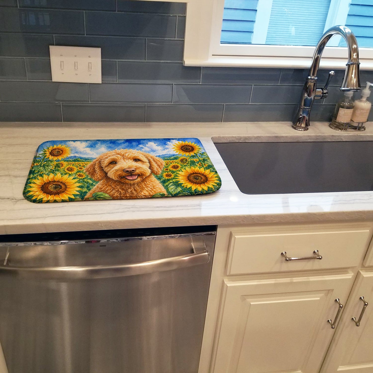 Labradoodle in Sunflowers Dish Drying Mat Absorbent Dish Drying Mat Pad for Kitchen Counter Dish Drainer Mat for Countertop, 14 x 21", Multicolor