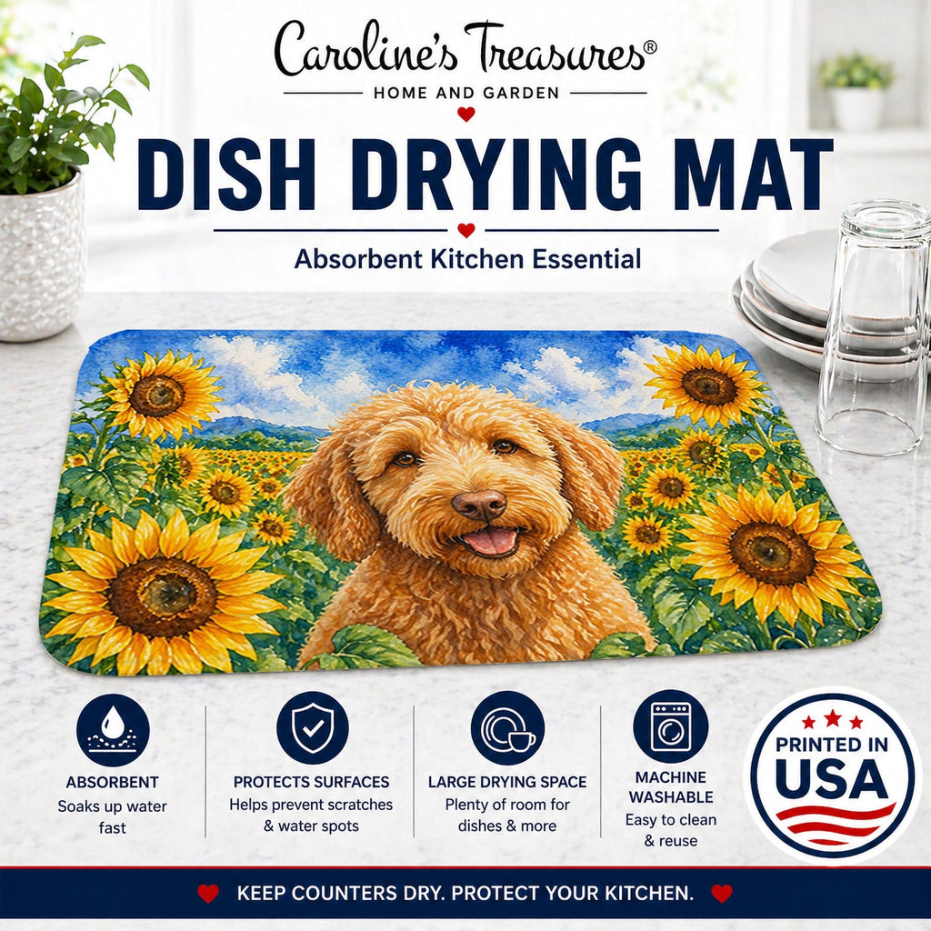 Labradoodle in Sunflowers Dish Drying Mat Absorbent Dish Drying Mat Pad for Kitchen Counter Dish Drainer Mat for Countertop, 14 x 21", Multicolor