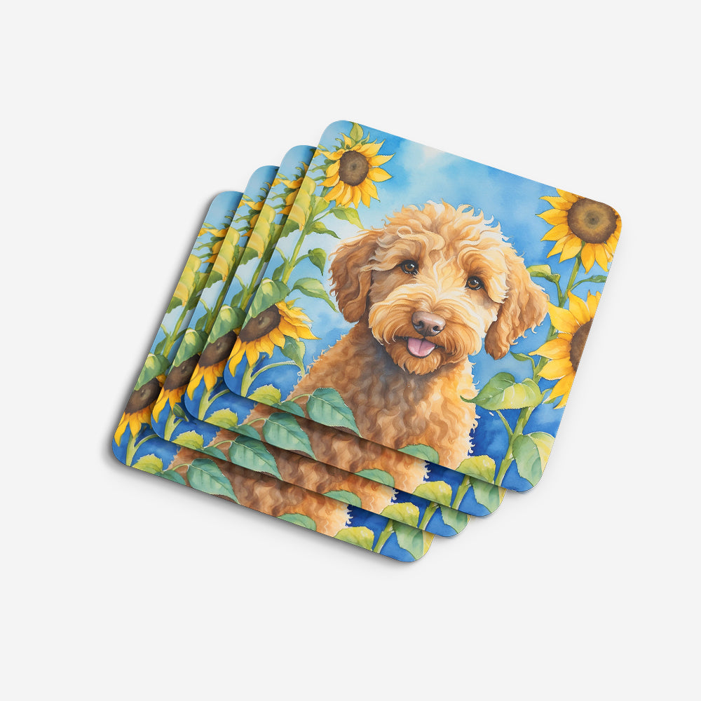 Labradoodle in Sunflowers Foam Coasters Set of 4 Cup Coasters for Indoor Outdoor, Tabletop Protection, Anti Slip, Mouse pad Material