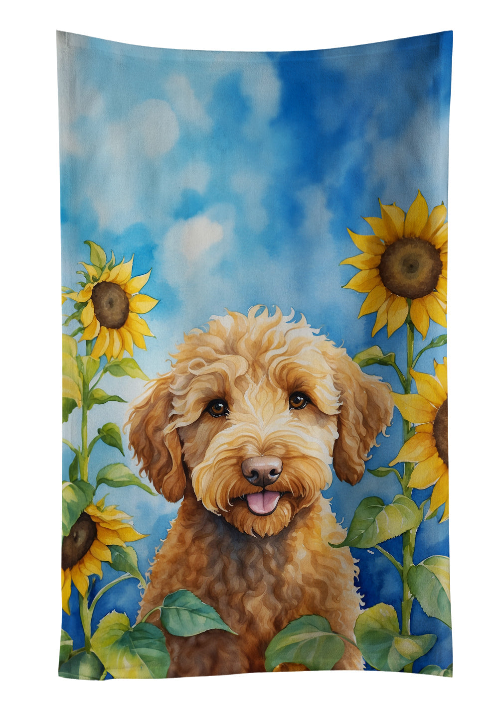 Labradoodle in Sunflowers Kitchen Towel Velour Plush Front and Cotton Loop Back Machine Washable