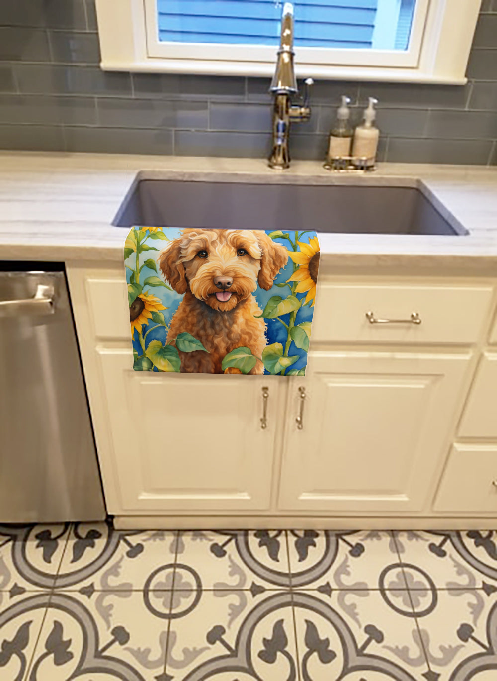 Labradoodle in Sunflowers Kitchen Towel Velour Plush Front and Cotton Loop Back Machine Washable