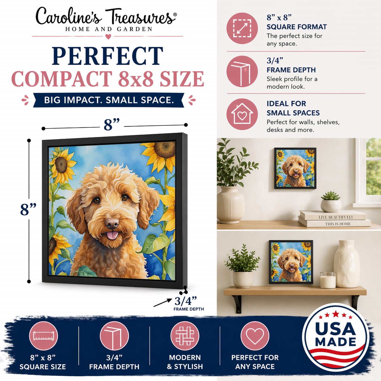 Labradoodle in Sunflowers Framed Metal Print Bathroom, Kitchen, Office, Home Decor Wall Art Ready to Hang, Square, 8X8