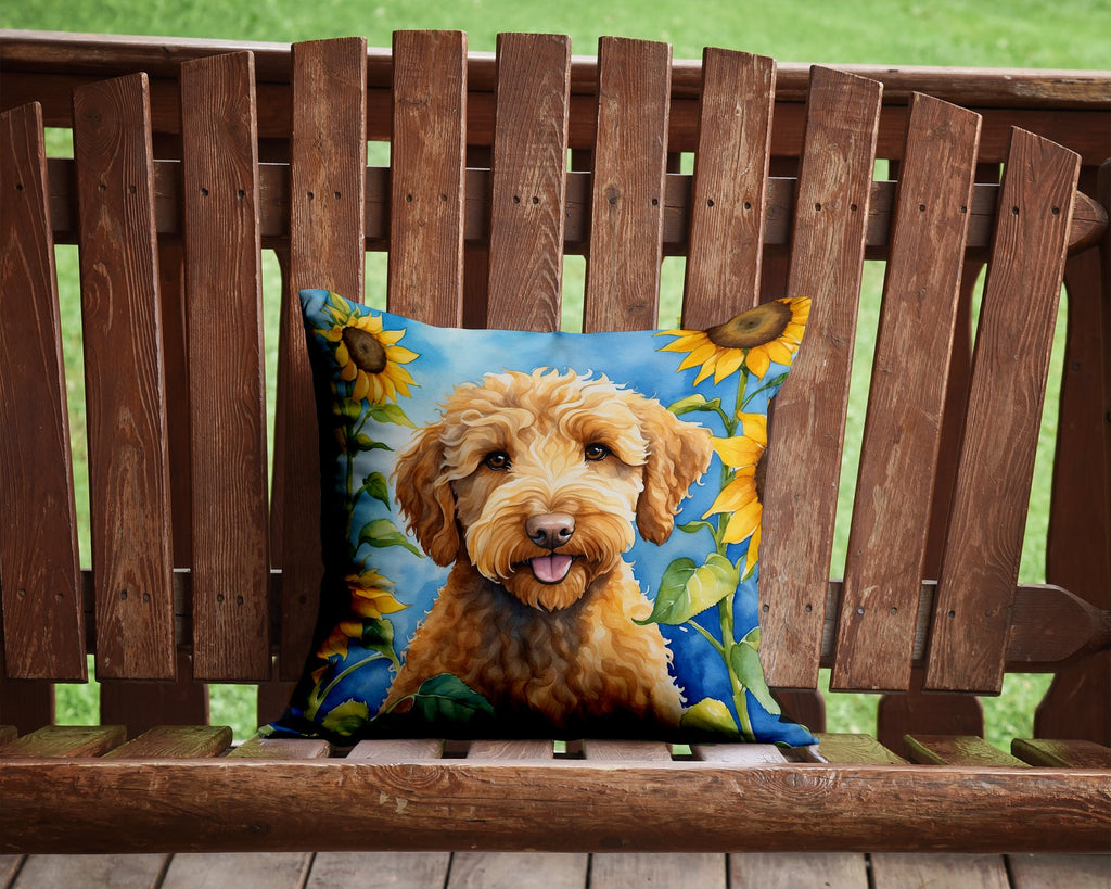 Labradoodle in Sunflowers Decorative Throw Pillow 14x14 Indoor Outdoor Accent Cushion, Fabric Cover with Insert for Sofa, Bed, Porch & Living Room