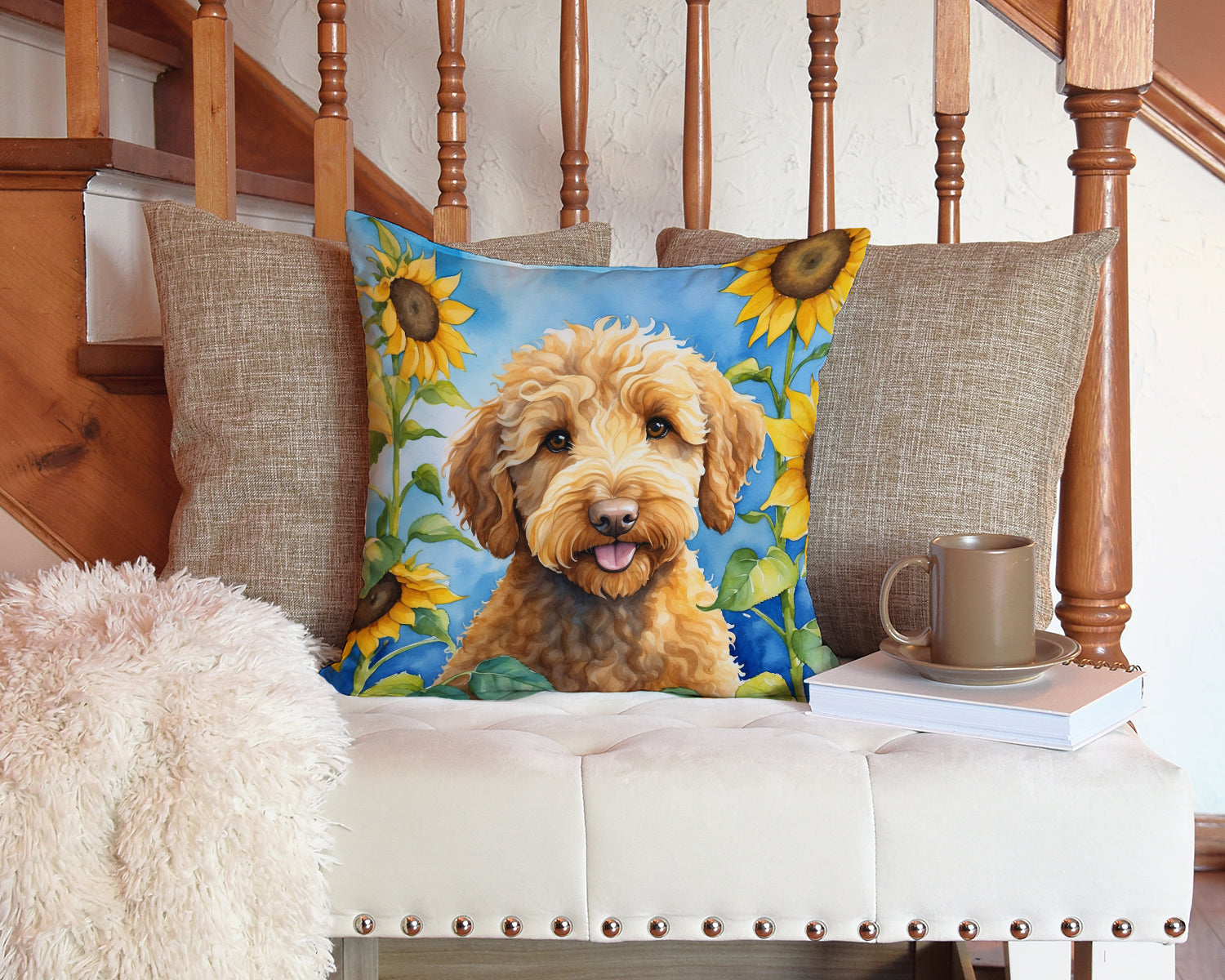 Labradoodle in Sunflowers Decorative Throw Pillow 14x14 Indoor Outdoor Accent Cushion, Fabric Cover with Insert for Sofa, Bed, Porch & Living Room