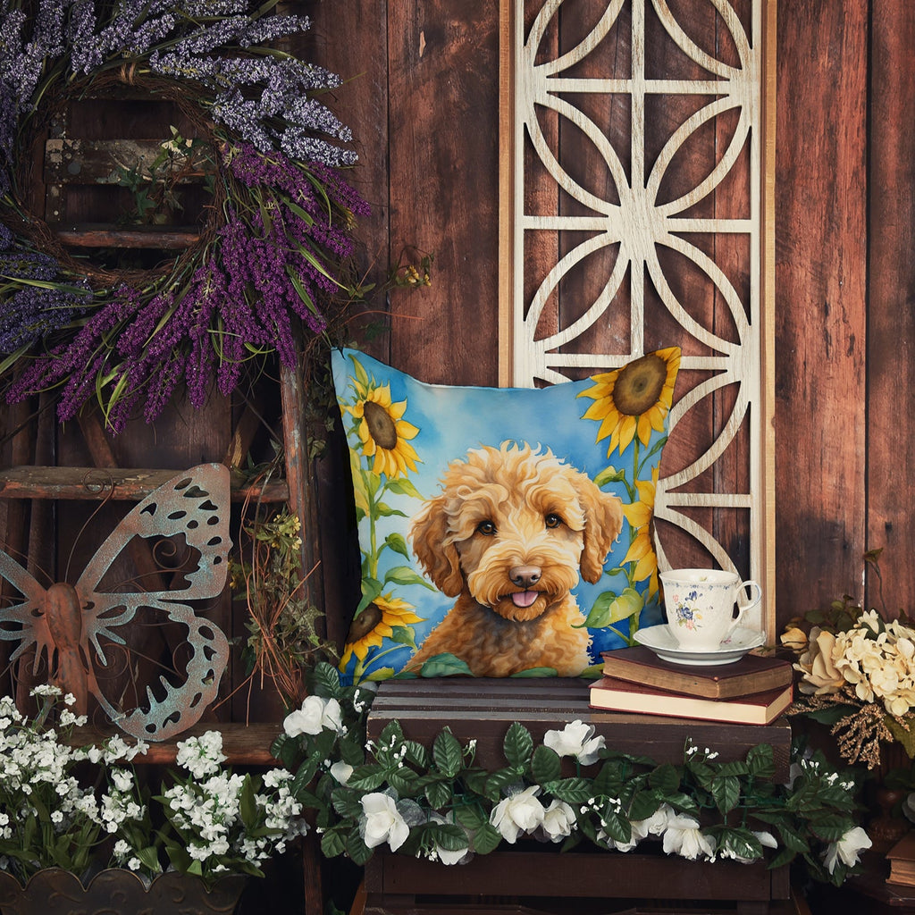 Labradoodle in Sunflowers Decorative Throw Pillow 18x18 Indoor Outdoor Accent Cushion, Fabric Cover with Insert for Sofa, Bed, Porch & Living Room