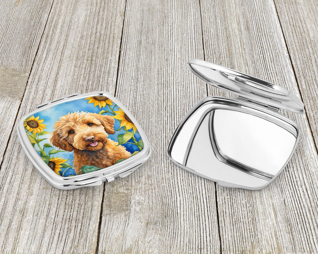 Labradoodle in Sunflowers Compact Mirror Decorative Travel Makeup Mirror for Women Girls Gifts Pocket Makeup Mirror Folding Handheld