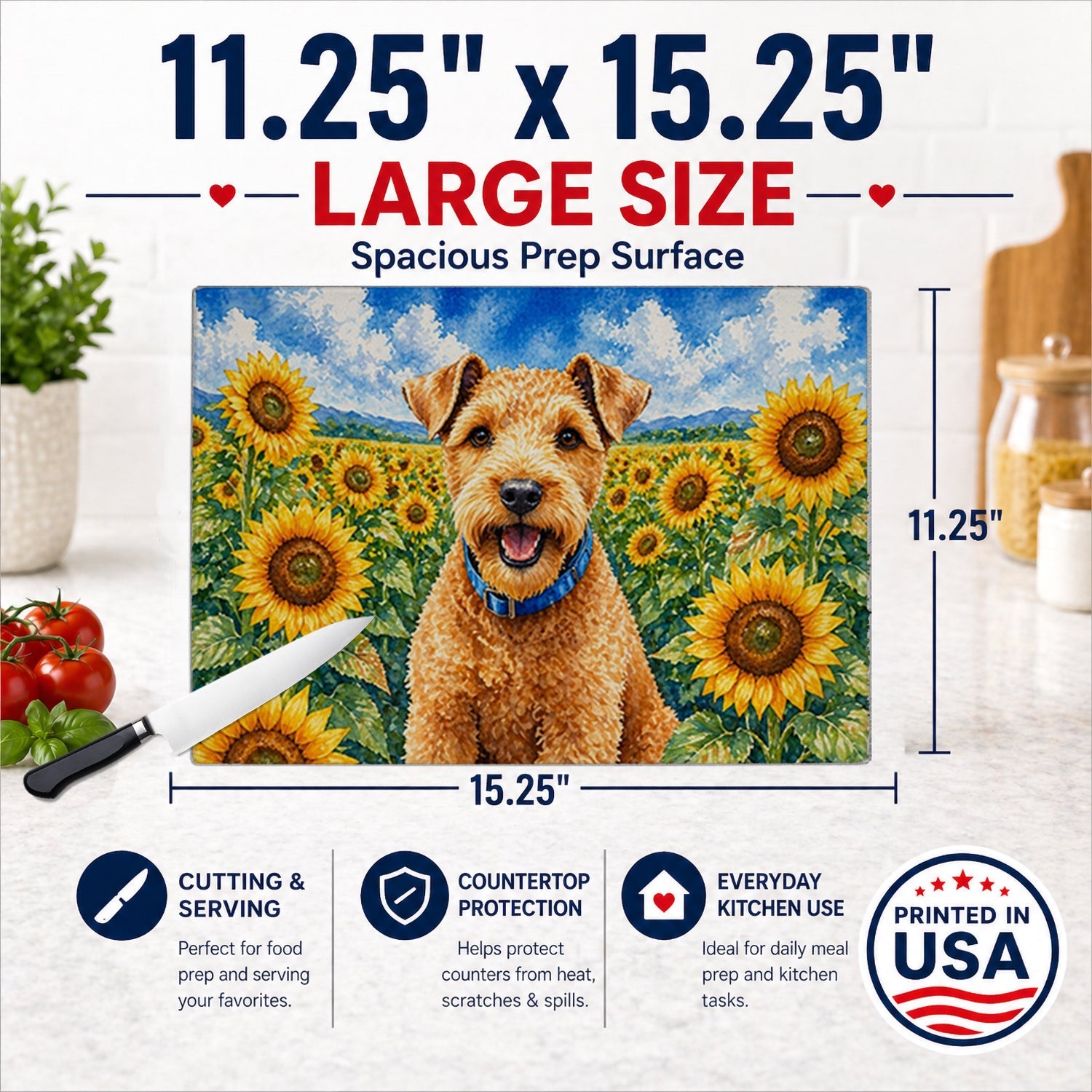 Lakeland Terrier in Sunflowers Cutting Board Tempered Glass Kitchen Cutting Surface, Heat Resistant Chopping Board with Non-Slip Feet, Decorative Food Prep & Serving