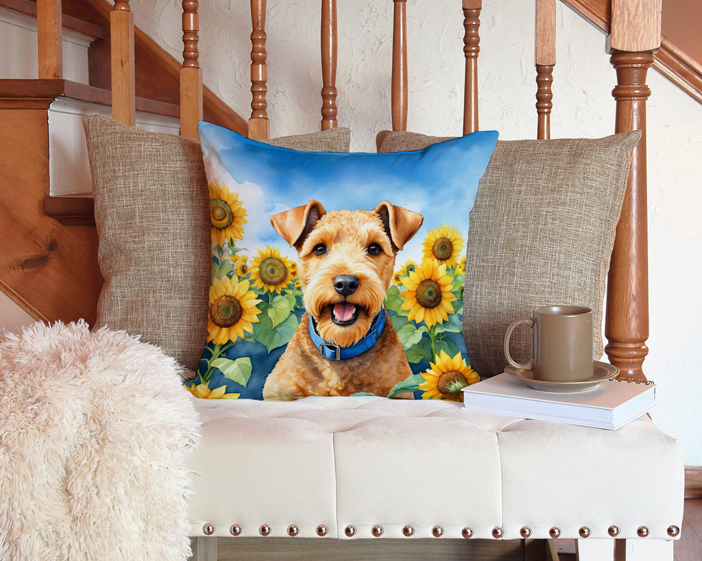 Lakeland Terrier in Sunflowers Decorative Throw Pillow 14x14 Indoor Outdoor Accent Cushion, Fabric Cover with Insert for Sofa, Bed, Porch & Living Room