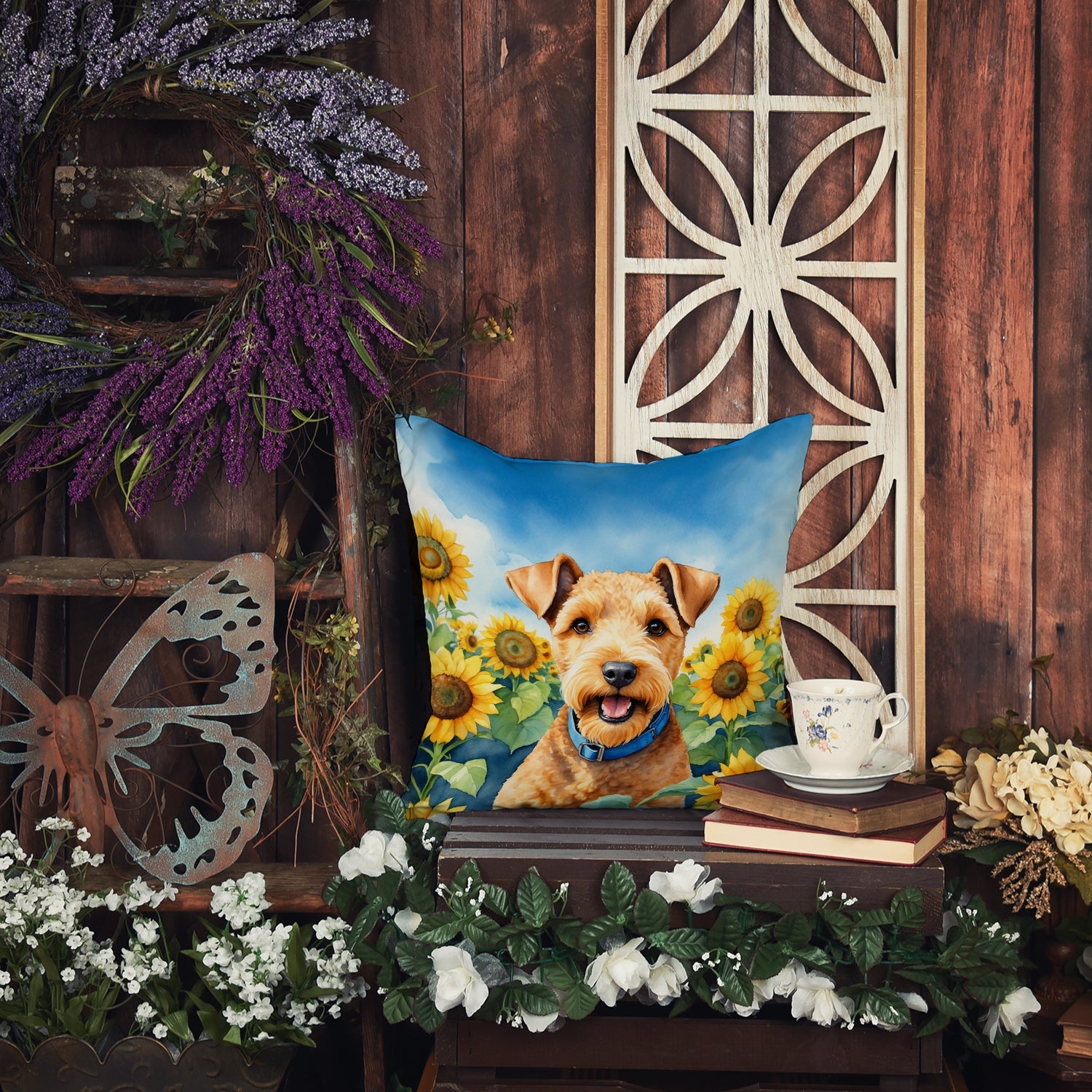 Lakeland Terrier in Sunflowers Decorative Throw Pillow 14x14 Indoor Outdoor Accent Cushion, Fabric Cover with Insert for Sofa, Bed, Porch & Living Room