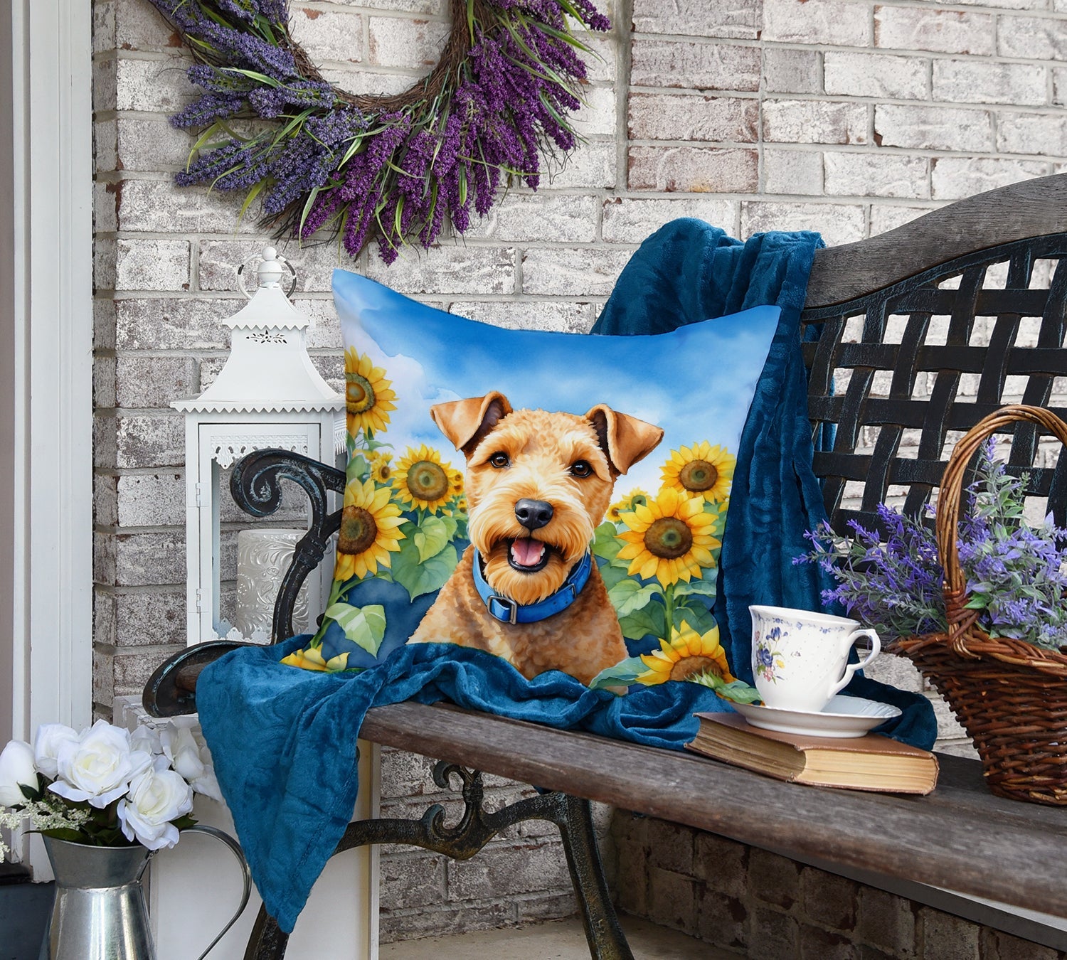 Lakeland Terrier in Sunflowers Decorative Throw Pillow 18x18 Indoor Outdoor Accent Cushion, Fabric Cover with Insert for Sofa, Bed, Porch & Living Room