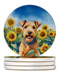 Lakeland Terrier in Sunflowers Large Sandstone Coasters Pack of 4 Absorbent Round Coasters Decor Gifts for Men or Women, 4 in, Multicolor