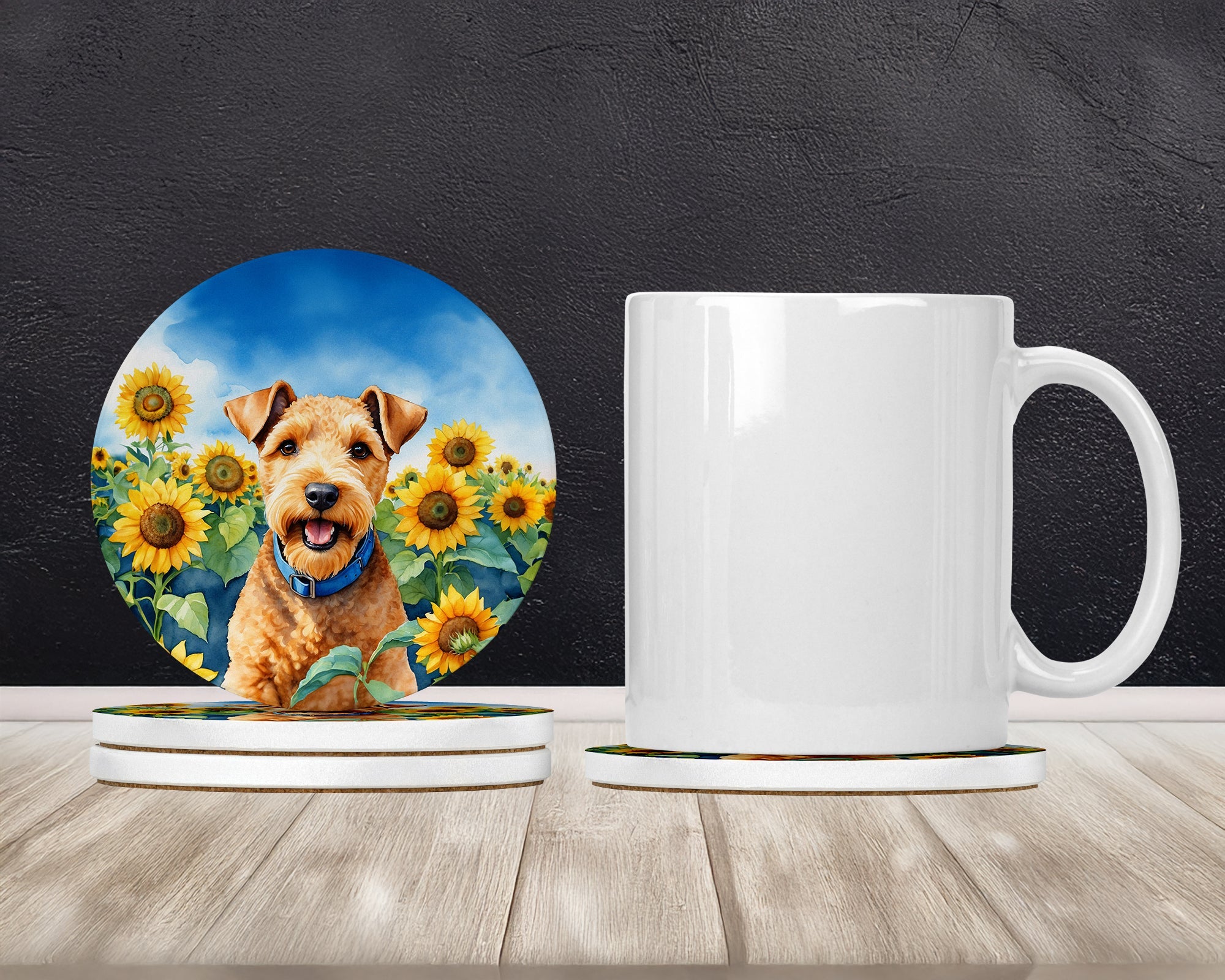 Lakeland Terrier in Sunflowers Large Sandstone Coasters Pack of 4 Absorbent Round Coasters Decor Gifts for Men or Women, 4 in, Multicolor