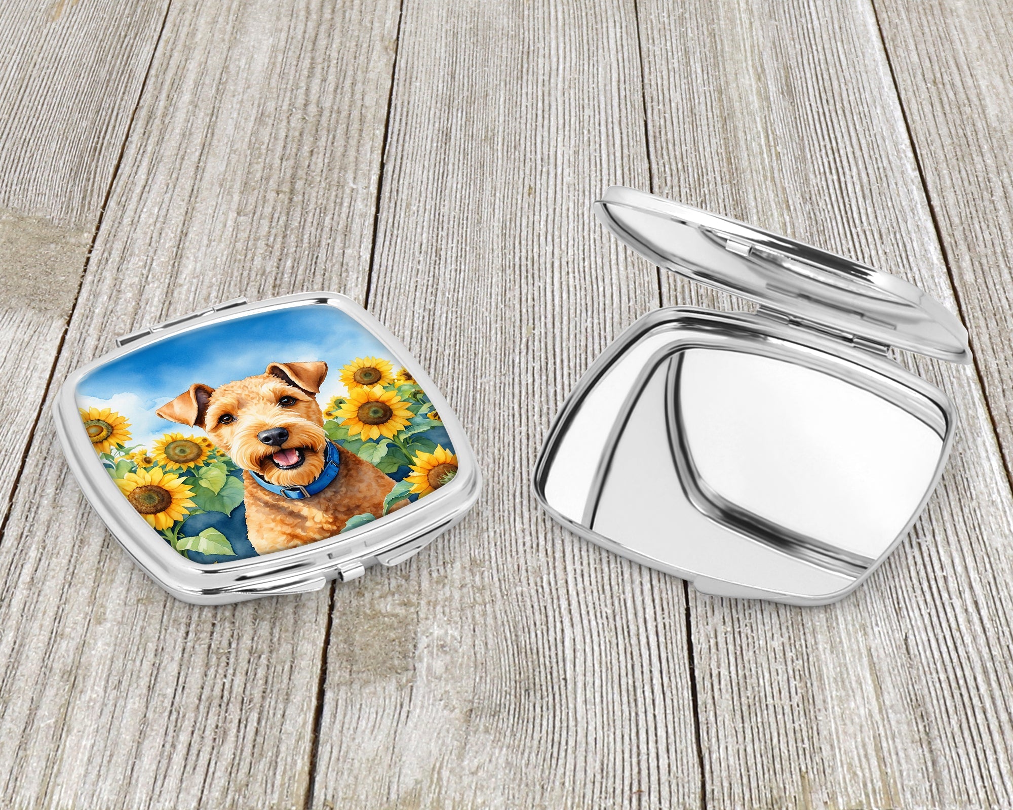 Lakeland Terrier in Sunflowers Compact Mirror Decorative Travel Makeup Mirror for Women Girls Gifts Pocket Makeup Mirror Folding Handheld