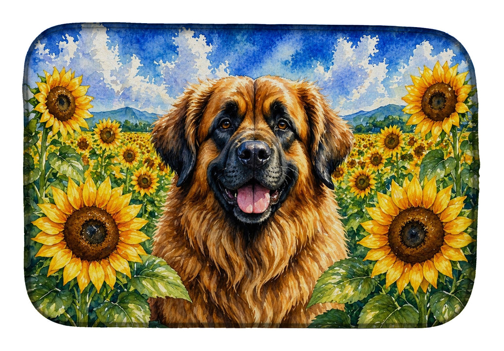 Leonberger in Sunflowers Dish Drying Mat Absorbent Dish Drying Mat Pad for Kitchen Counter Dish Drainer Mat for Countertop, 14 x 21", Multicolor