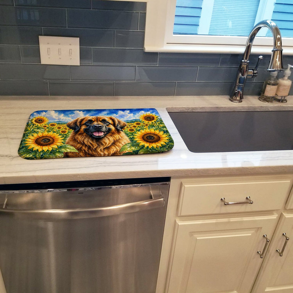 Leonberger in Sunflowers Dish Drying Mat Absorbent Dish Drying Mat Pad for Kitchen Counter Dish Drainer Mat for Countertop, 14 x 21", Multicolor