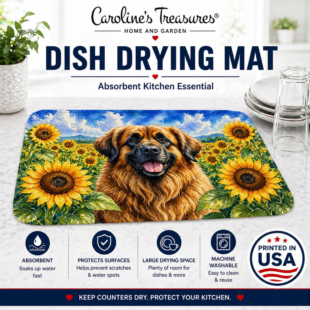 Leonberger in Sunflowers Dish Drying Mat Absorbent Dish Drying Mat Pad for Kitchen Counter Dish Drainer Mat for Countertop, 14 x 21", Multicolor