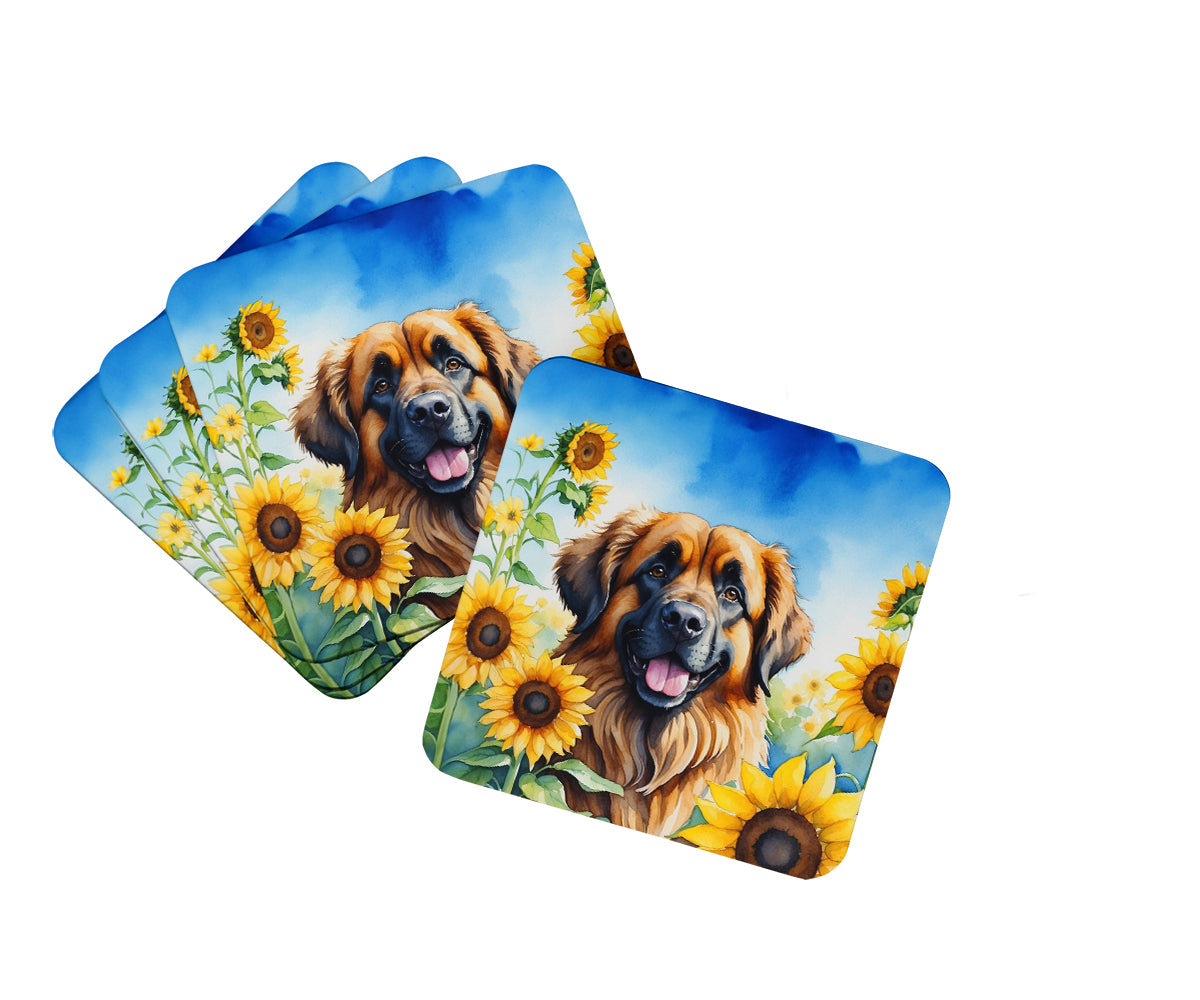 Leonberger in Sunflowers Foam Coasters Set of 4 Cup Coasters for Indoor Outdoor, Tabletop Protection, Anti Slip, Mouse pad Material