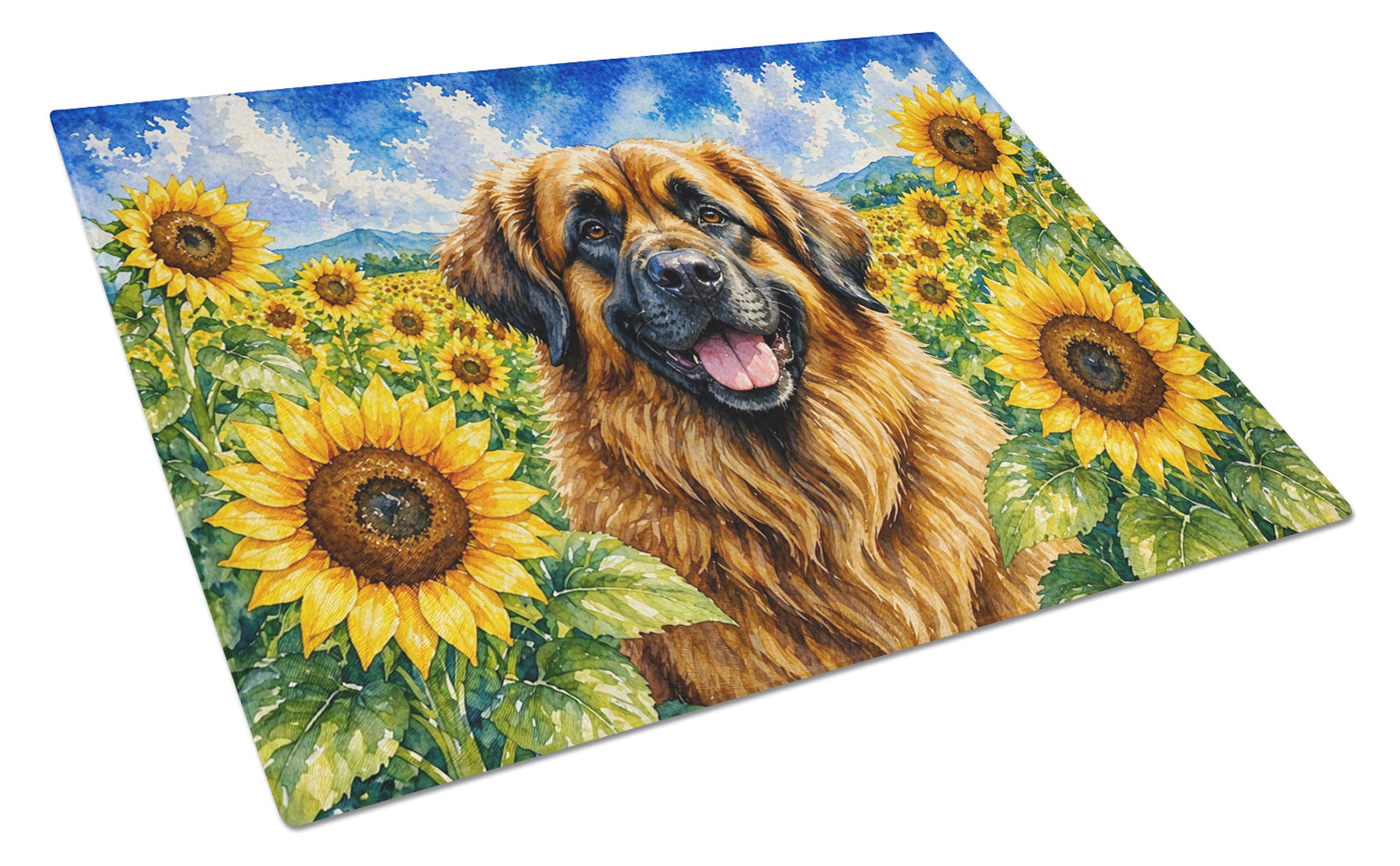 Leonberger in Sunflowers Cutting Board Tempered Glass Kitchen Cutting Surface, Heat Resistant Chopping Board with Non-Slip Feet, Decorative Food Prep & Serving