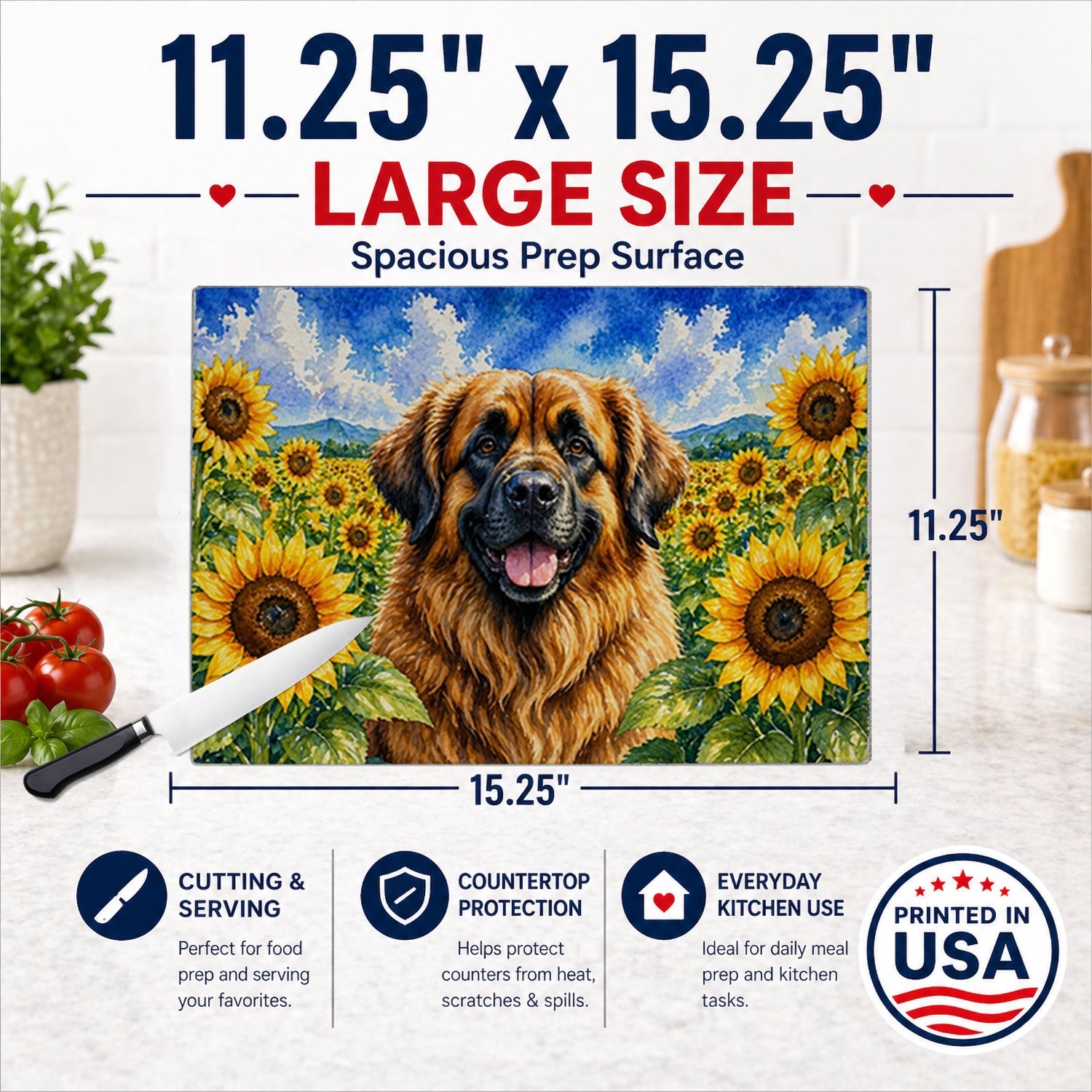 Leonberger in Sunflowers Cutting Board Tempered Glass Kitchen Cutting Surface, Heat Resistant Chopping Board with Non-Slip Feet, Decorative Food Prep & Serving