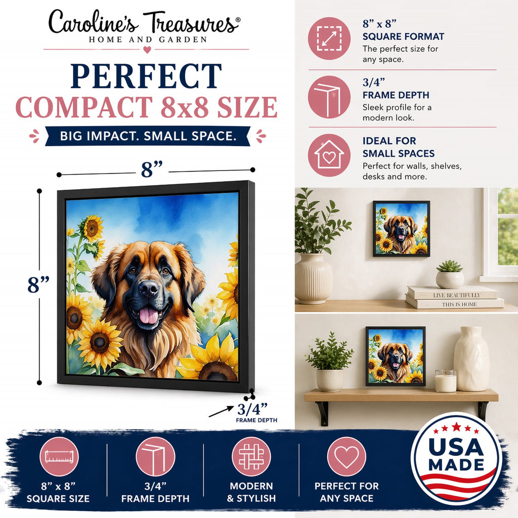 Leonberger in Sunflowers Framed Metal Print Bathroom, Kitchen, Office, Home Decor Wall Art Ready to Hang, Square, 8X8