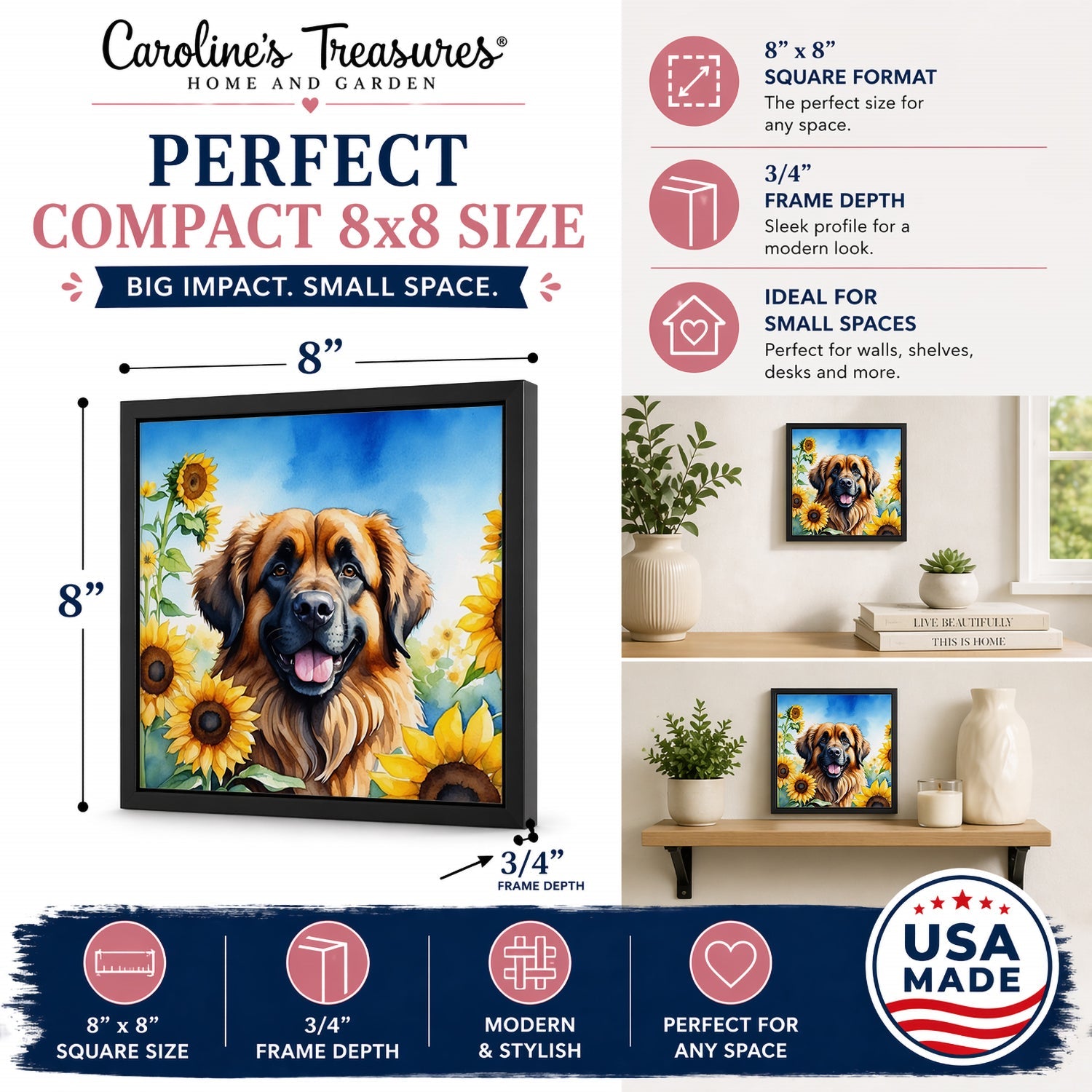 Leonberger in Sunflowers Framed Metal Print Bathroom, Kitchen, Office, Home Decor Wall Art Ready to Hang, Square, 8X8