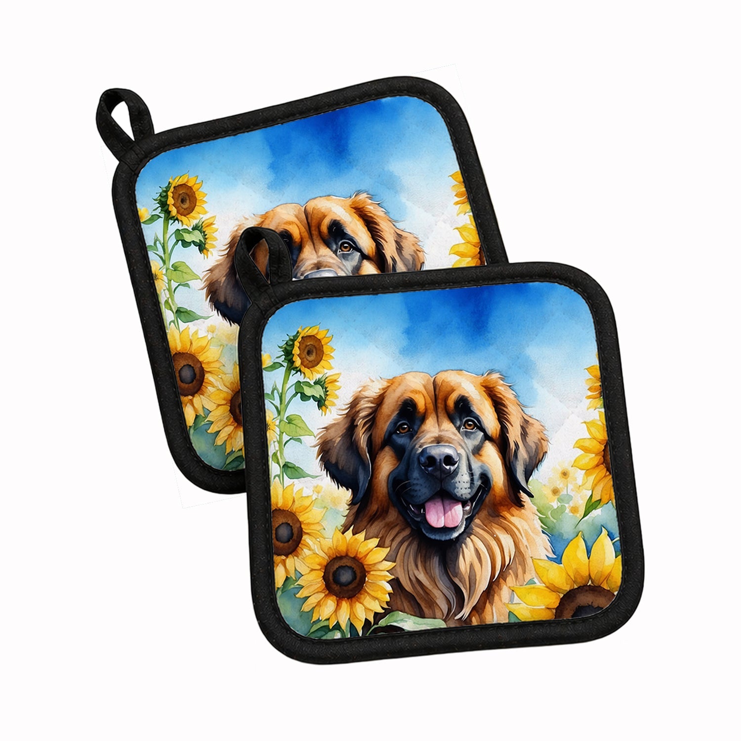 Leonberger in Sunflowers Pot Holder Set of 2 Heat Resistant Quilted Hot Pads 7.5 x 7.5 Inch, Insulated Kitchen Trivets for Cooking & Baking