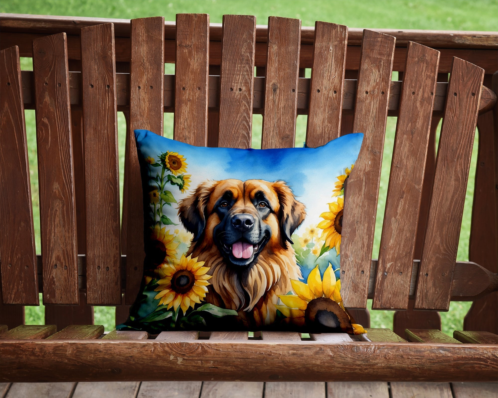 Leonberger in Sunflowers Decorative Throw Pillow 14x14 Indoor Outdoor Accent Cushion, Fabric Cover with Insert for Sofa, Bed, Porch & Living Room