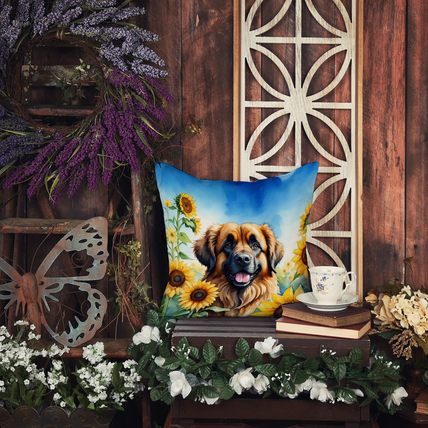 Leonberger in Sunflowers Decorative Throw Pillow 14x14 Indoor Outdoor Accent Cushion, Fabric Cover with Insert for Sofa, Bed, Porch & Living Room