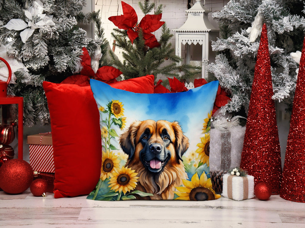 Leonberger in Sunflowers Decorative Throw Pillow 14x14 Indoor Outdoor Accent Cushion, Fabric Cover with Insert for Sofa, Bed, Porch & Living Room