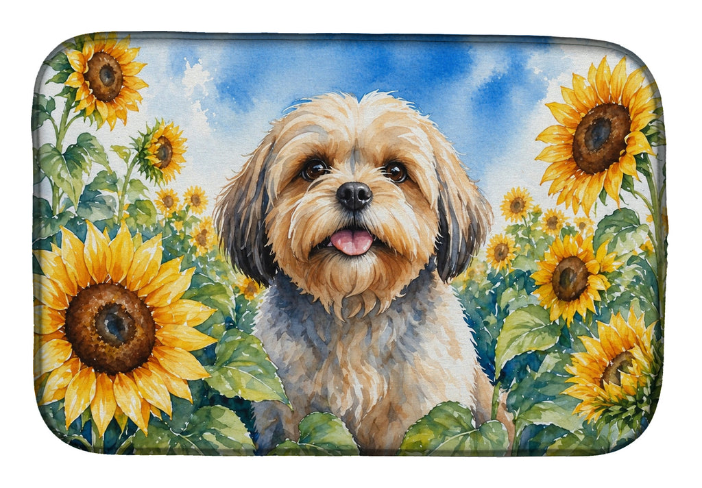 Lhasa Apso in Sunflowers Dish Drying Mat Absorbent Dish Drying Mat Pad for Kitchen Counter Dish Drainer Mat for Countertop, 14 x 21", Multicolor