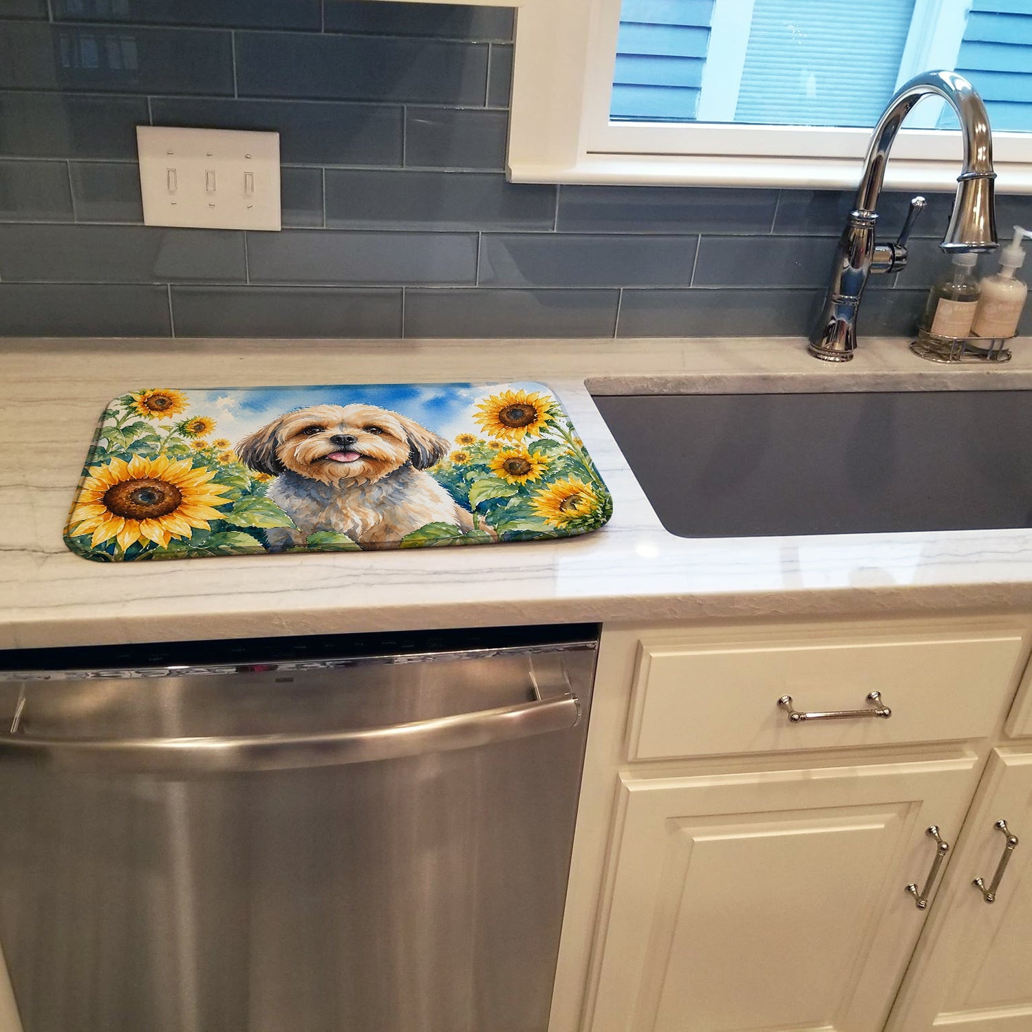 Lhasa Apso in Sunflowers Dish Drying Mat Absorbent Dish Drying Mat Pad for Kitchen Counter Dish Drainer Mat for Countertop, 14 x 21", Multicolor
