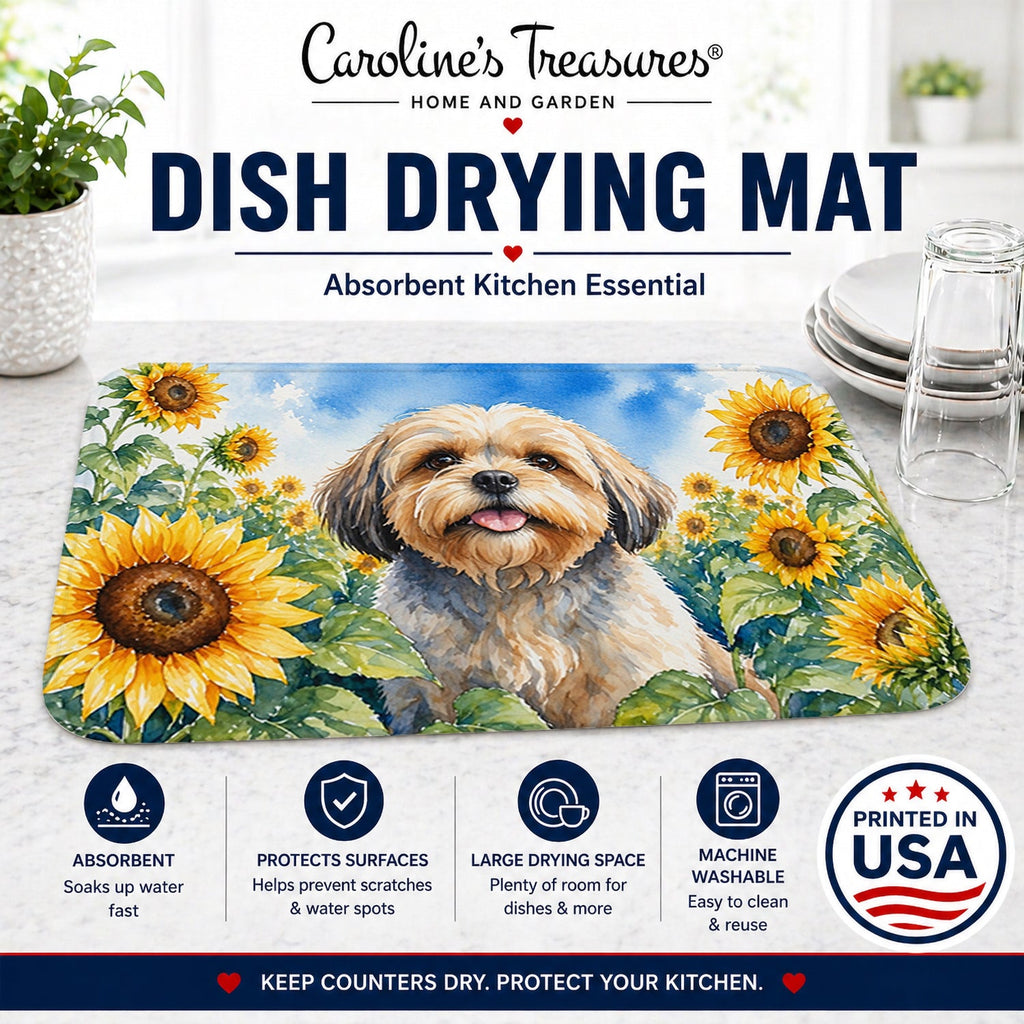 Lhasa Apso in Sunflowers Dish Drying Mat Absorbent Dish Drying Mat Pad for Kitchen Counter Dish Drainer Mat for Countertop, 14 x 21", Multicolor