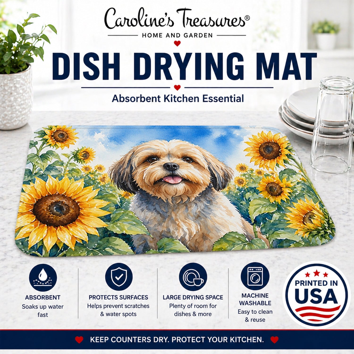 Lhasa Apso in Sunflowers Dish Drying Mat Absorbent Dish Drying Mat Pad for Kitchen Counter Dish Drainer Mat for Countertop, 14 x 21", Multicolor
