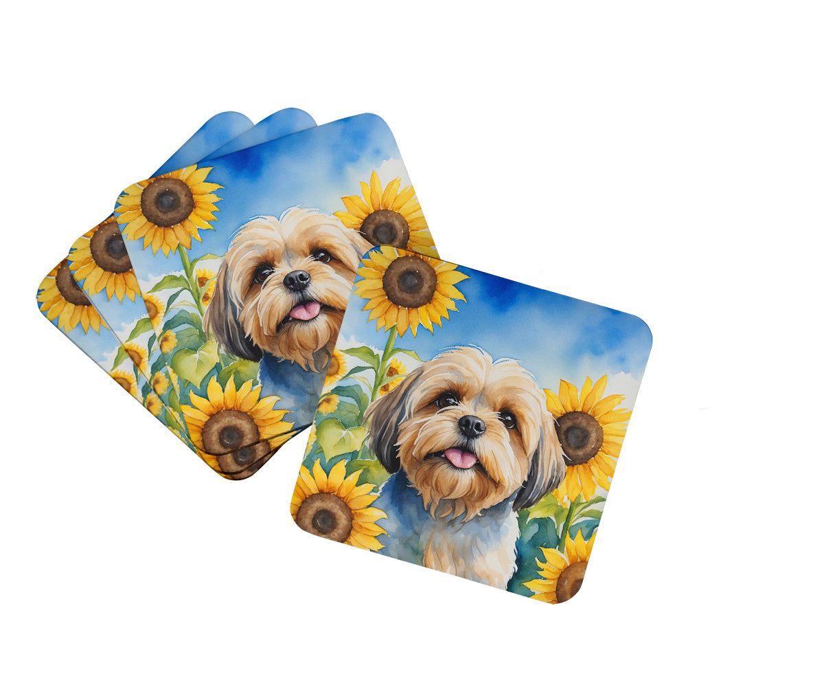 Lhasa Apso in Sunflowers Foam Coasters Set of 4 Cup Coasters for Indoor Outdoor, Tabletop Protection, Anti Slip, Mouse pad Material
