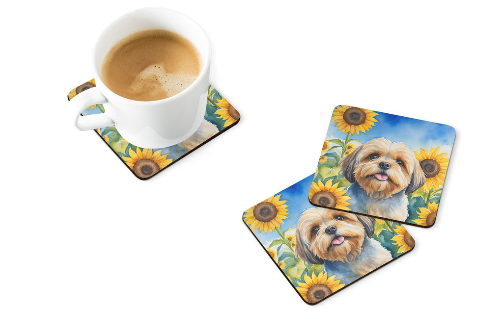 Lhasa Apso in Sunflowers Foam Coasters Set of 4 Cup Coasters for Indoor Outdoor, Tabletop Protection, Anti Slip, Mouse pad Material