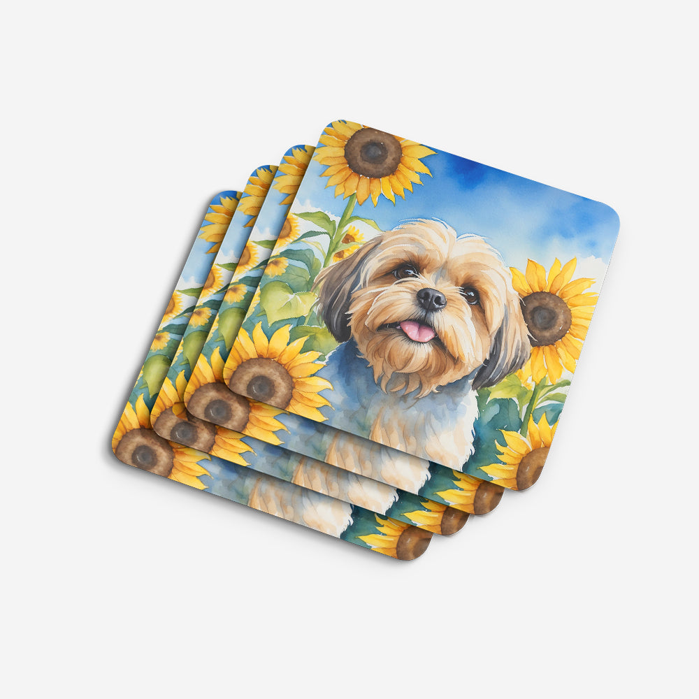 Lhasa Apso in Sunflowers Foam Coasters Set of 4 Cup Coasters for Indoor Outdoor, Tabletop Protection, Anti Slip, Mouse pad Material
