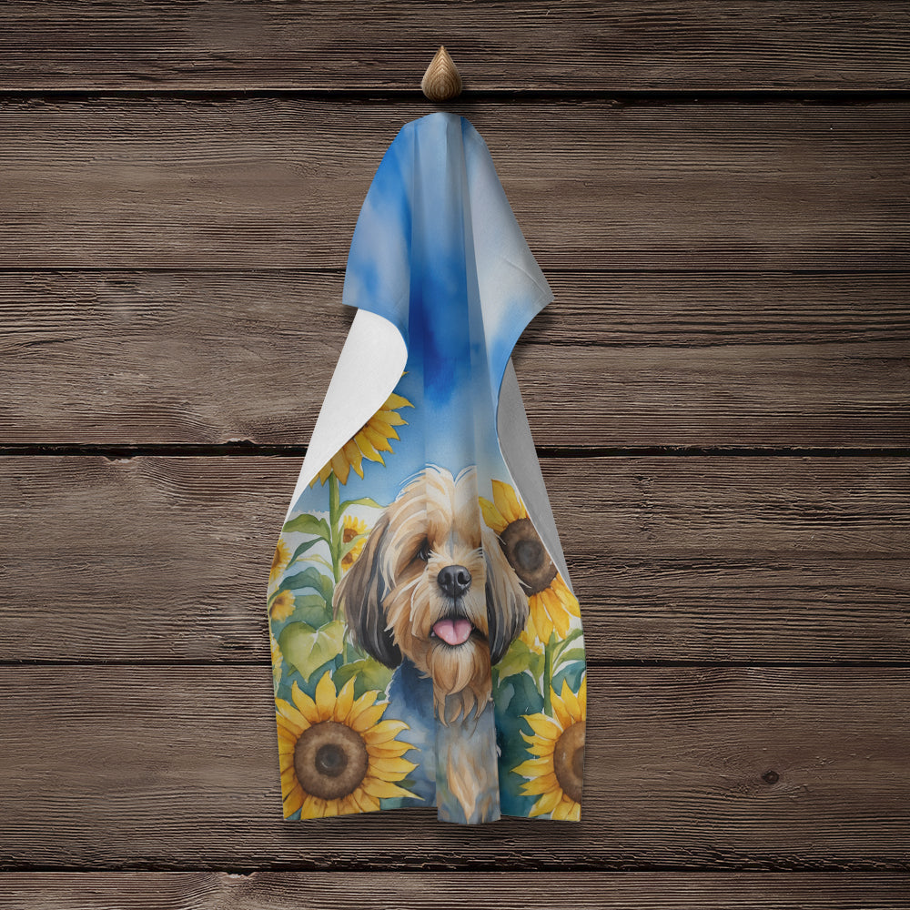 Lhasa Apso in Sunflowers Kitchen Towel Velour Plush Front and Cotton Loop Back Machine Washable
