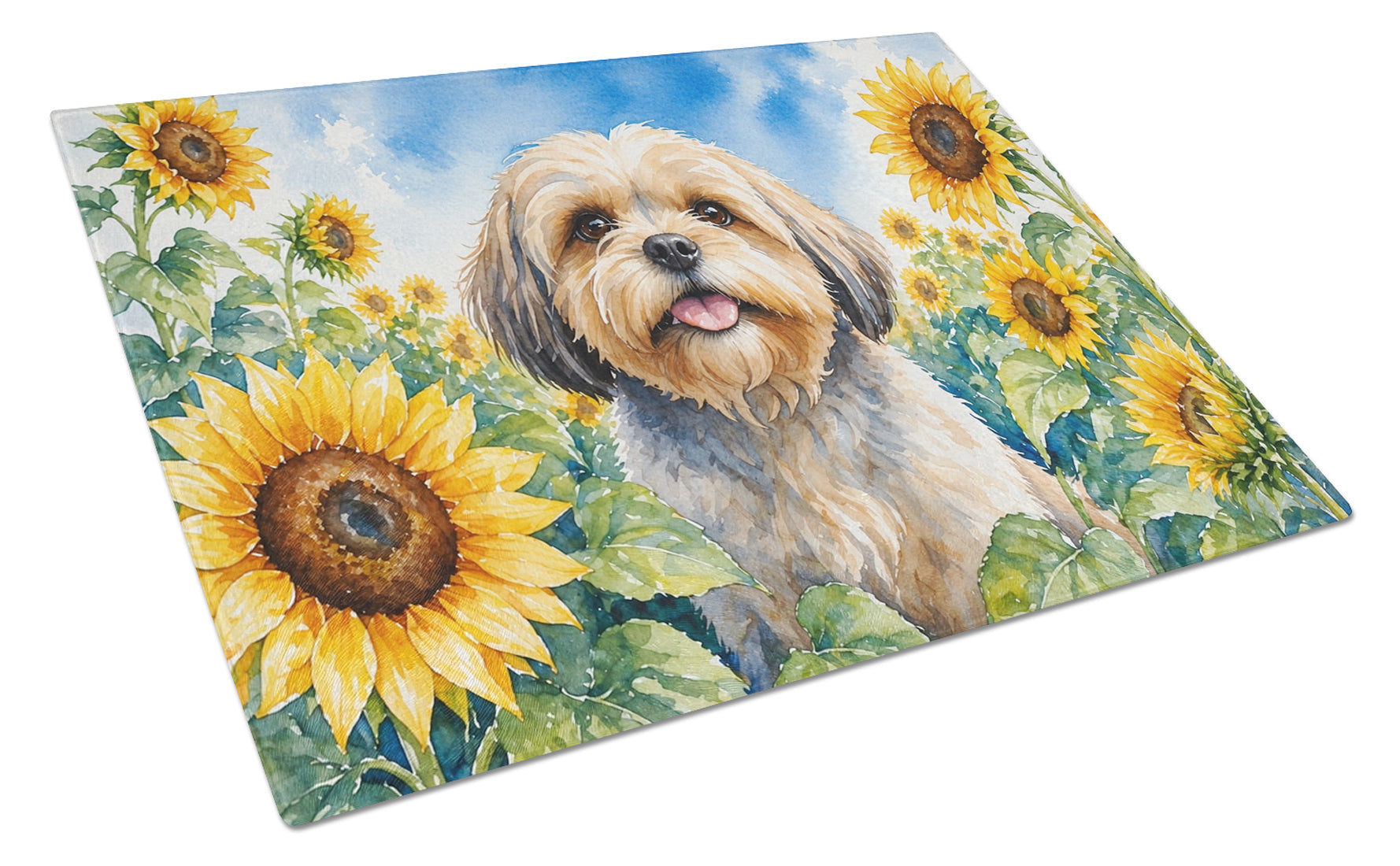 Lhasa Apso in Sunflowers Cutting Board Tempered Glass Kitchen Cutting Surface, Heat Resistant Chopping Board with Non-Slip Feet, Decorative Food Prep & Serving