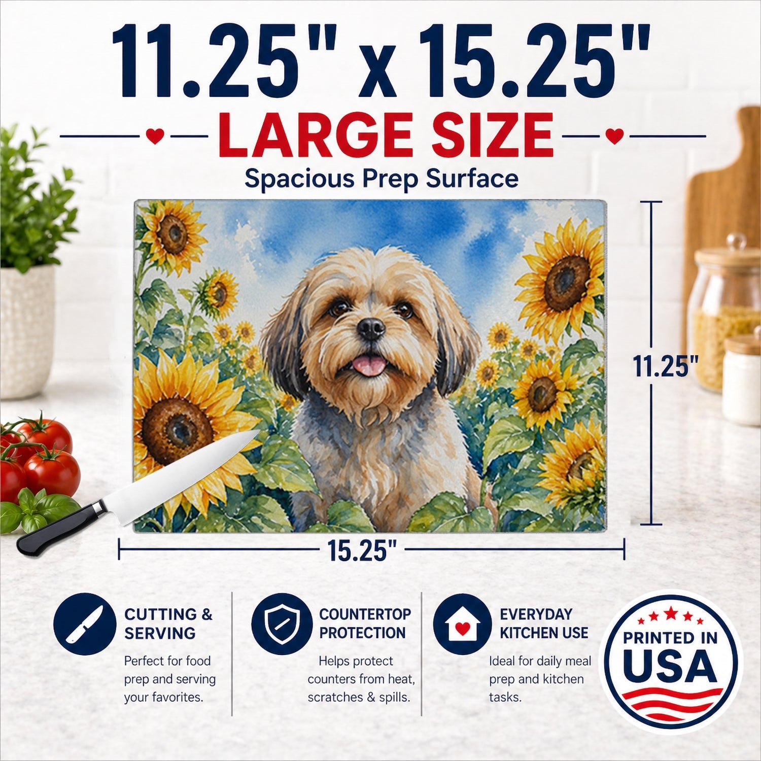 Lhasa Apso in Sunflowers Cutting Board Tempered Glass Kitchen Cutting Surface, Heat Resistant Chopping Board with Non-Slip Feet, Decorative Food Prep & Serving