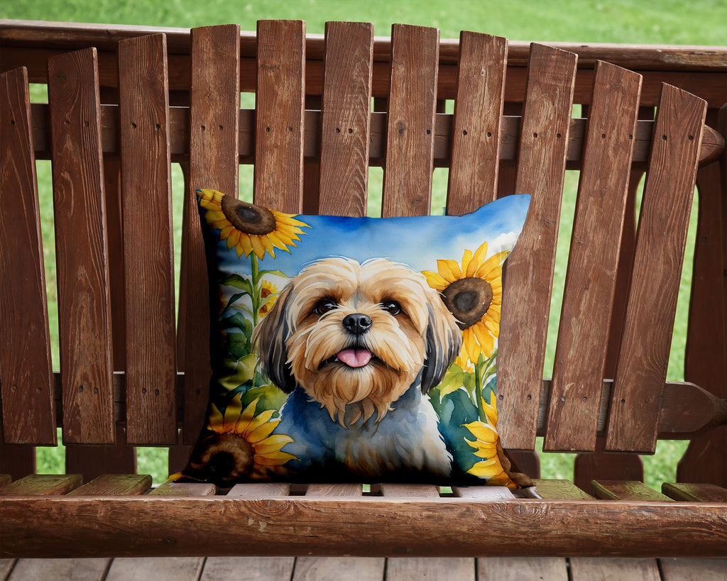 Lhasa Apso in Sunflowers Decorative Throw Pillow 14x14 Indoor Outdoor Accent Cushion, Fabric Cover with Insert for Sofa, Bed, Porch & Living Room