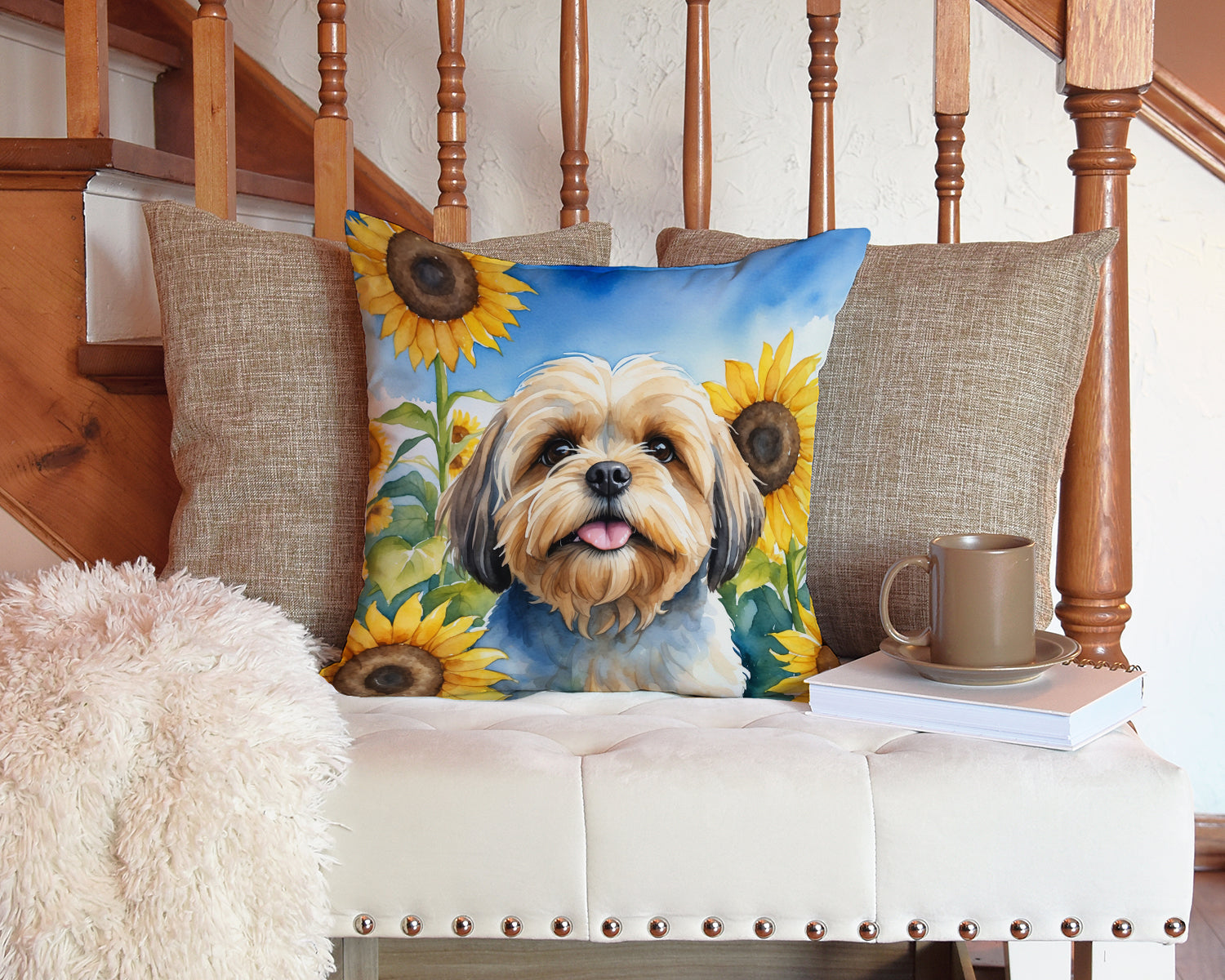 Lhasa Apso in Sunflowers Decorative Throw Pillow 14x14 Indoor Outdoor Accent Cushion, Fabric Cover with Insert for Sofa, Bed, Porch & Living Room