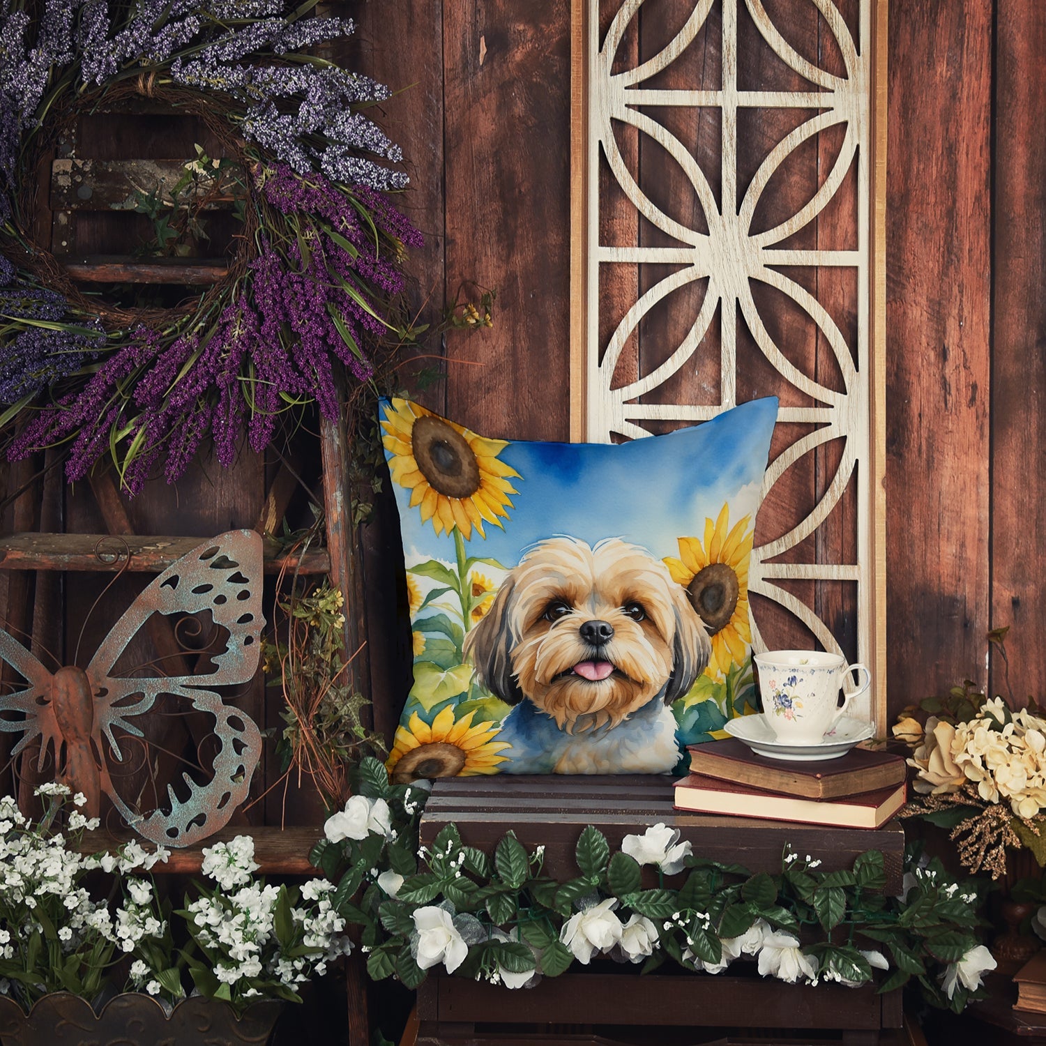 Lhasa Apso in Sunflowers Decorative Throw Pillow 14x14 Indoor Outdoor Accent Cushion, Fabric Cover with Insert for Sofa, Bed, Porch & Living Room
