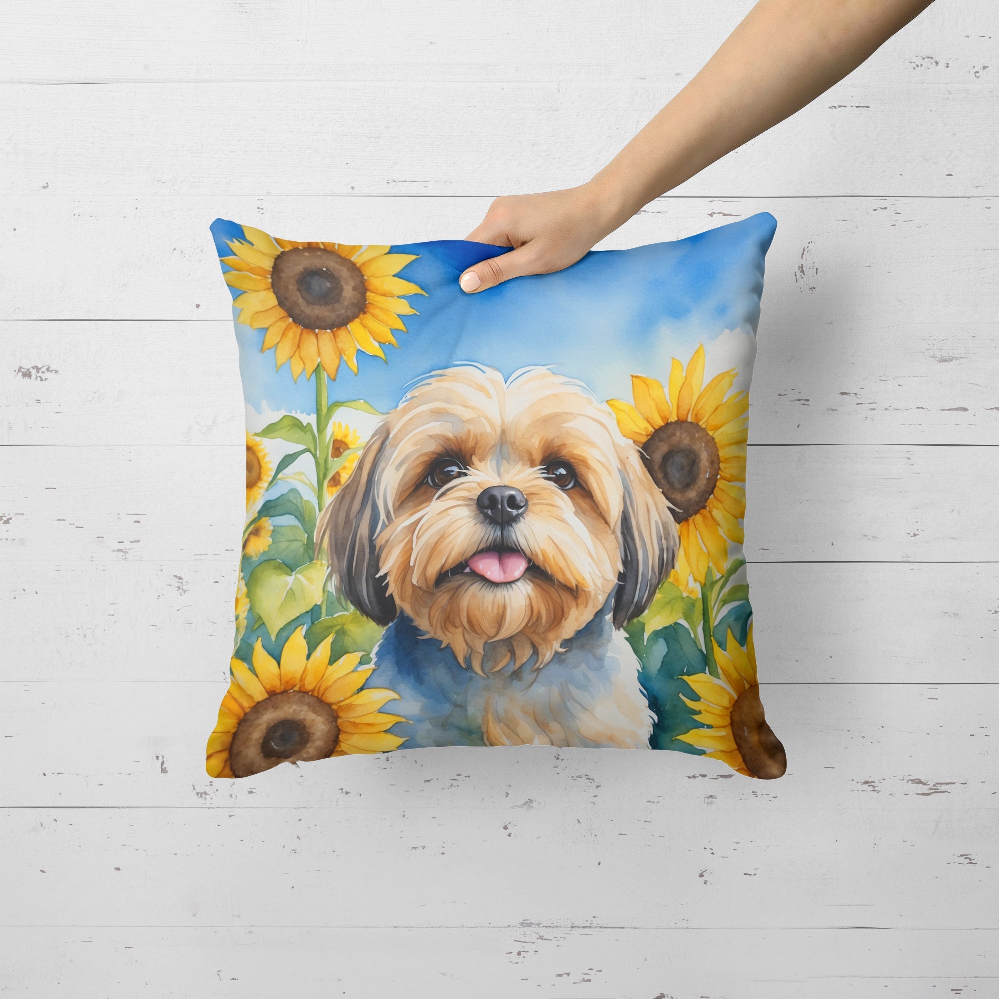Lhasa Apso in Sunflowers Decorative Throw Pillow 18x18 Indoor Outdoor Accent Cushion, Fabric Cover with Insert for Sofa, Bed, Porch & Living Room