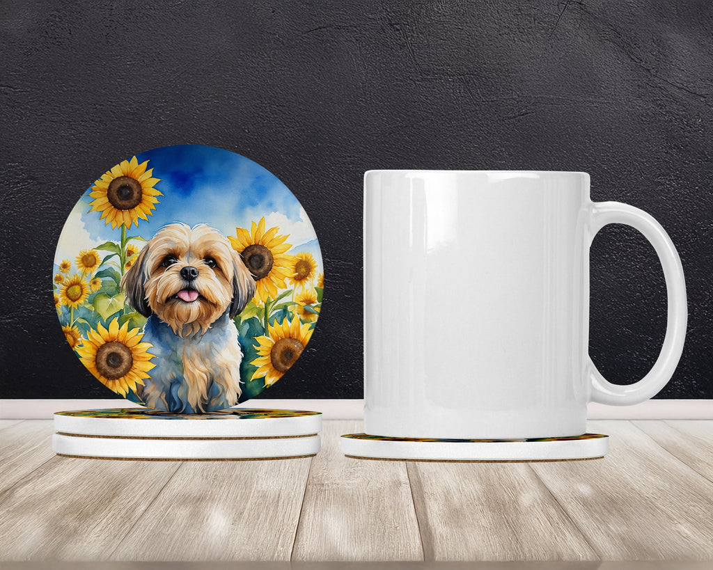 Lhasa Apso in Sunflowers Large Sandstone Coasters Pack of 4 Absorbent Round Coasters Decor Gifts for Men or Women, 4 in, Multicolor