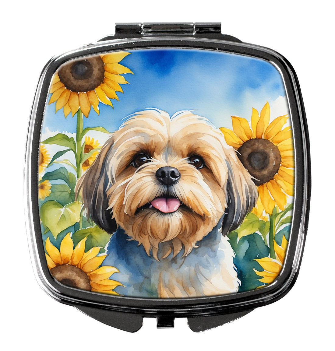 Lhasa Apso in Sunflowers Compact Mirror Decorative Travel Makeup Mirror for Women Girls Gifts Pocket Makeup Mirror Folding Handheld