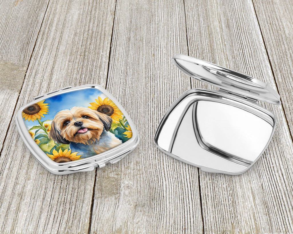 Lhasa Apso in Sunflowers Compact Mirror Decorative Travel Makeup Mirror for Women Girls Gifts Pocket Makeup Mirror Folding Handheld