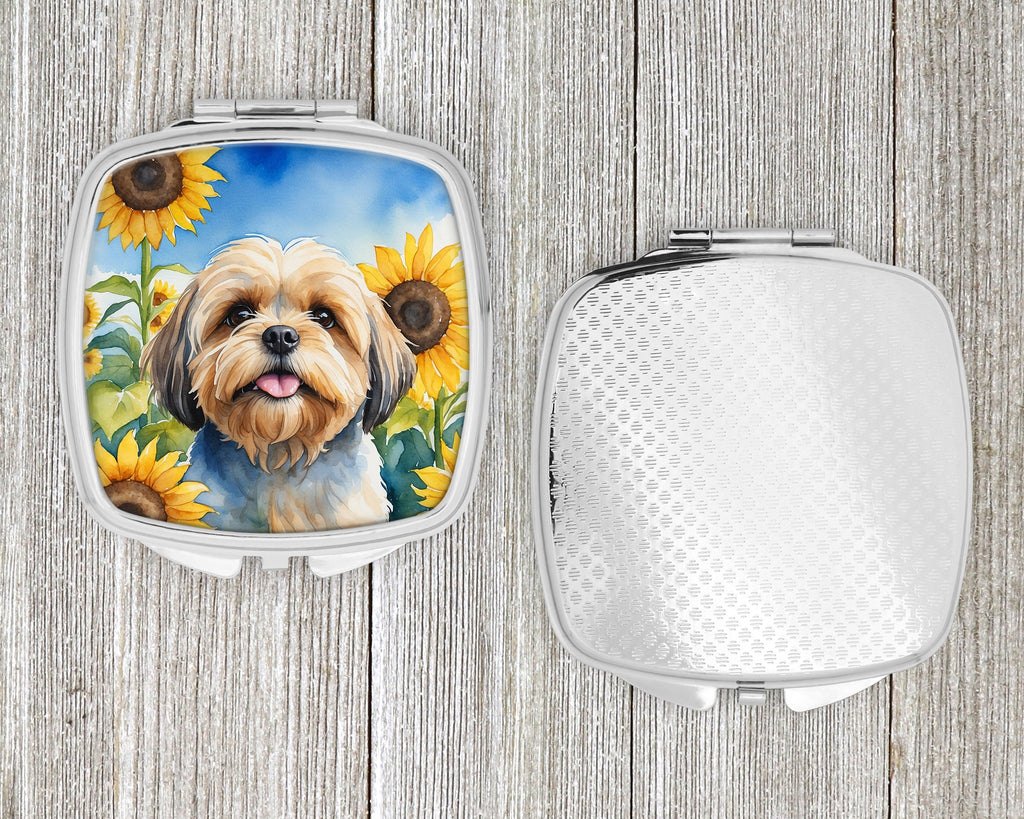 Lhasa Apso in Sunflowers Compact Mirror Decorative Travel Makeup Mirror for Women Girls Gifts Pocket Makeup Mirror Folding Handheld