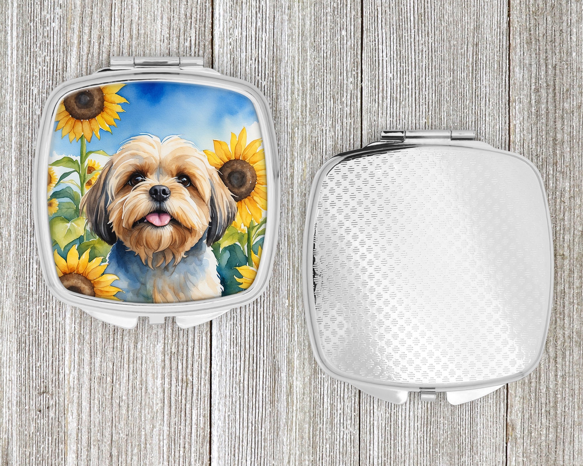 Lhasa Apso in Sunflowers Compact Mirror Decorative Travel Makeup Mirror for Women Girls Gifts Pocket Makeup Mirror Folding Handheld