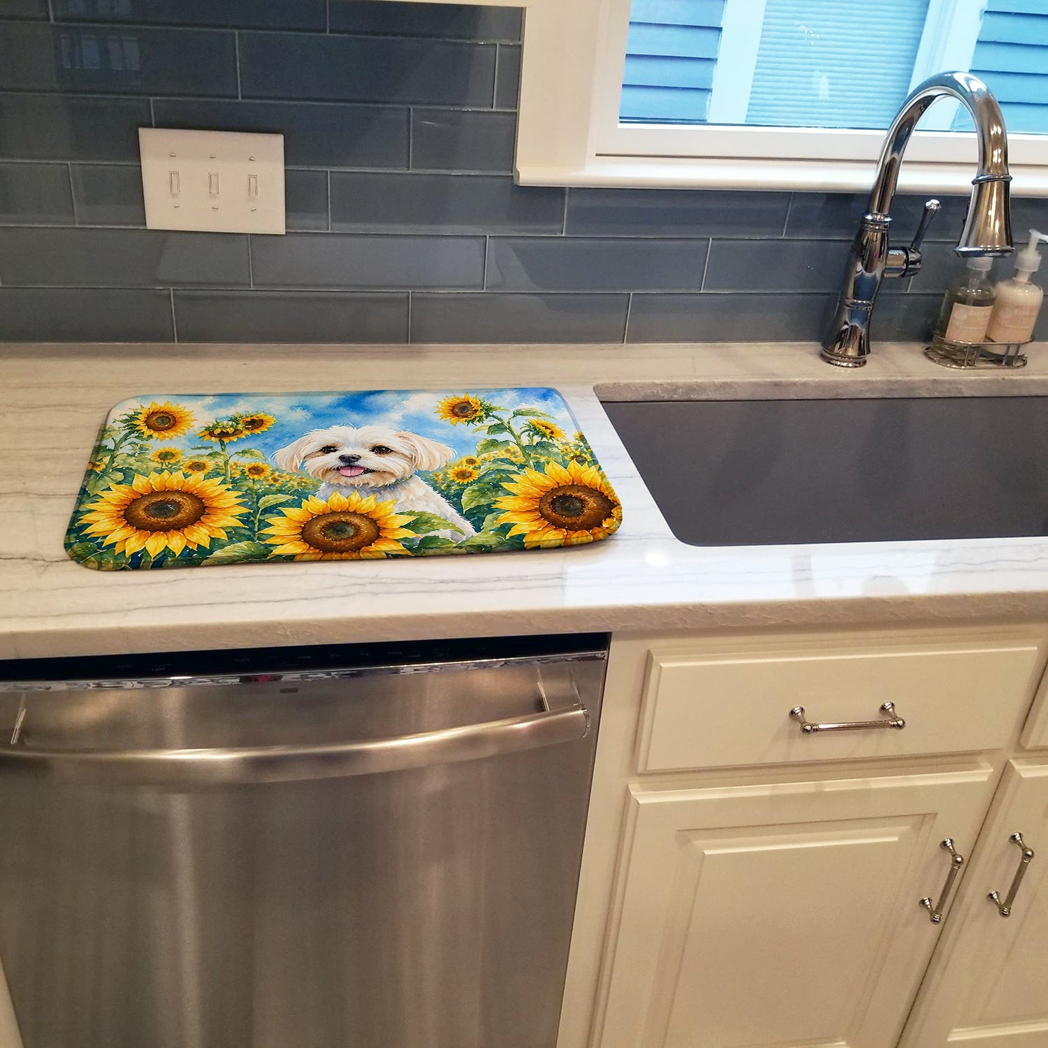 Maltese in Sunflowers Dish Drying Mat Absorbent Dish Drying Mat Pad for Kitchen Counter Dish Drainer Mat for Countertop, 14 x 21", Multicolor
